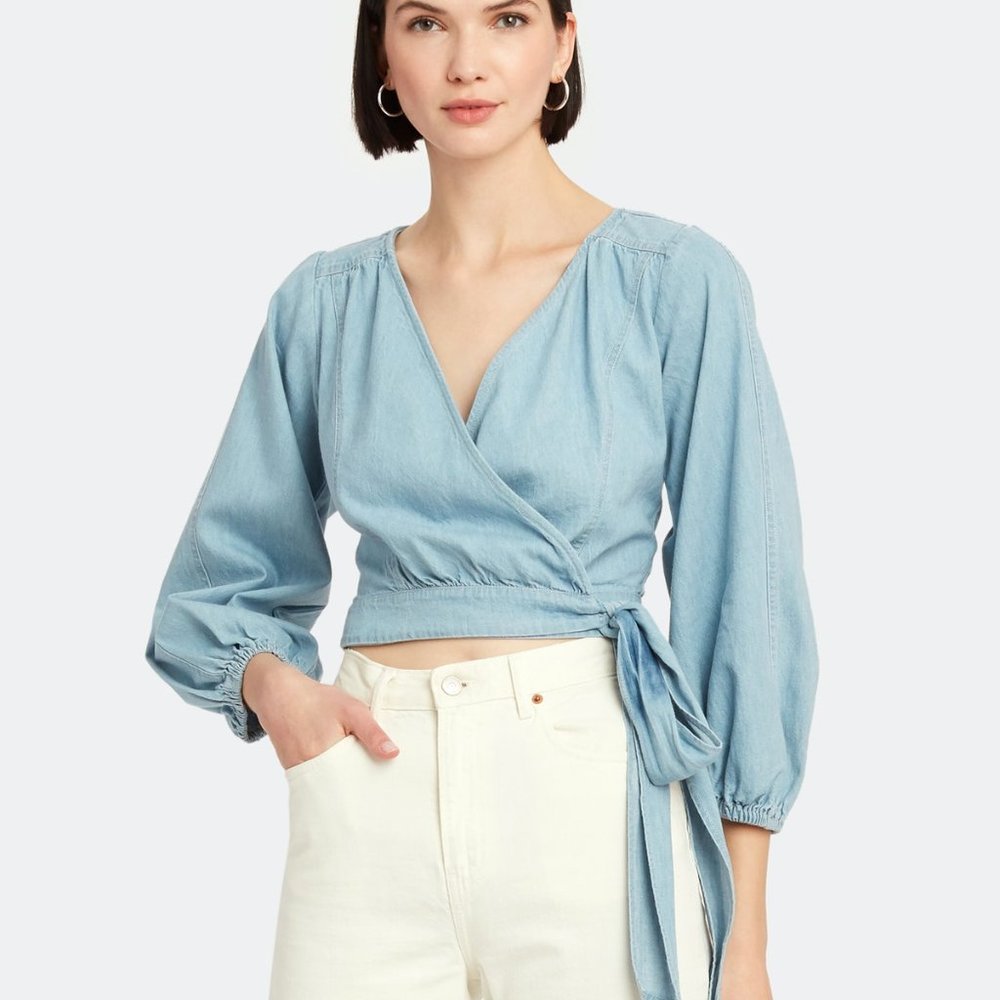 V Wrap Sophie DENIM Blue Jean Free People Crop Half Top NEW Large Tie at Waist